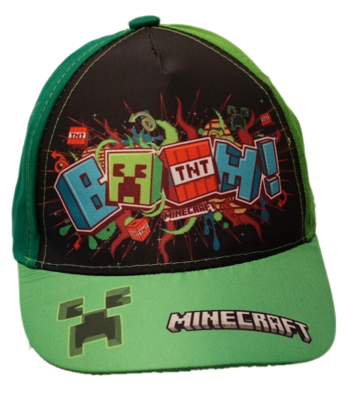 Frontalansicht: Minecraft Basecap für Kinder. Farbe: Gründ mit Creeperkopf und TNT Blöcken die aus dem gleichnamigen Spiel bekannt sind